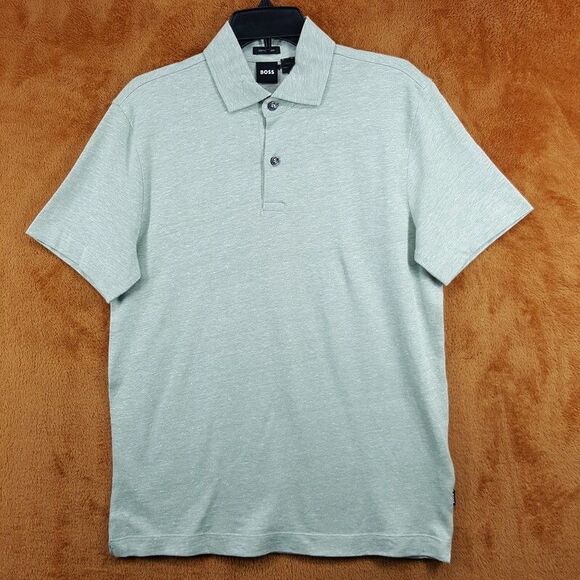 HUGO BOSS Polo Shirt Mens Small Green Short Sleeve Cotton Linen Blend PRESS $158 - Picture 1 of 9